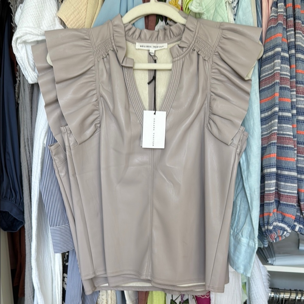 Melissa Nepton purple lilac pleather Puff Sleeve Ruffled Blouse